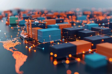 A digital representation of global trade, featuring colorful shipping containers and a network of connections over a world map.