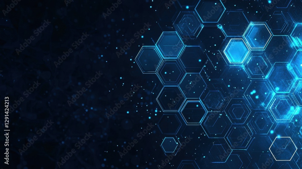 Poster abstract blue hexagonal pattern with sparkles on dark background