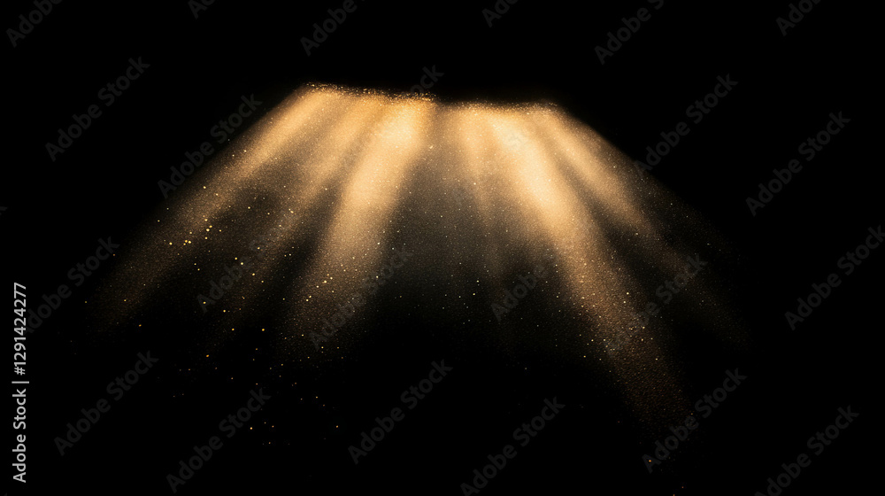 Poster Golden sunlight rays with floating dust particles in dark background