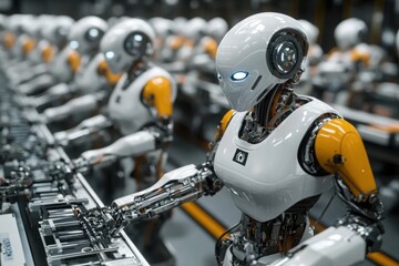 Futuristic humanoid robots assembling products on an advanced factory production line, symbolizing automation, artificial intelligence, and industrial efficiency