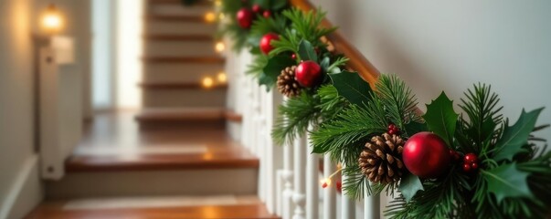 A festive garland with pinecones and holly along the stairway, holiday, holly