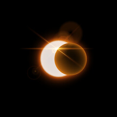 Vector graphic of solar or lunar eclipse. Phase with glowing yellow light rays and highlights.