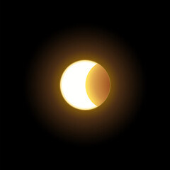 Solar or moon eclipse vector illustration, shiny crescent on round aura, glowing golden space planet in dark universe