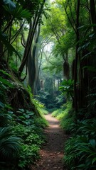 Obraz premium A narrow path disappears into the dense undergrowth of the jungle, forest, canopy