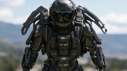 Futuristic Soldier in Dark Green Armor Outdoors