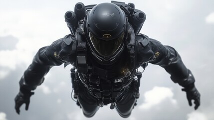 Futuristic Soldier Skydiving in Dark Clouds High Altitude