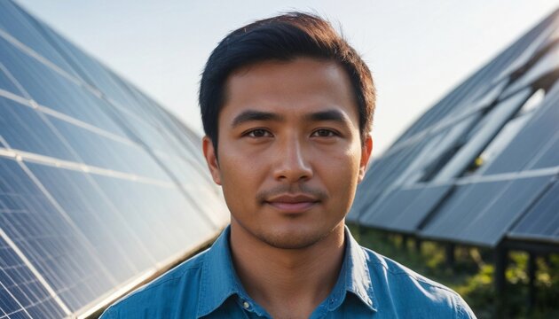 Southeast Asian Male Sustainability Specialist in Solar Energy Field, Focused Expression and Technological Mastery