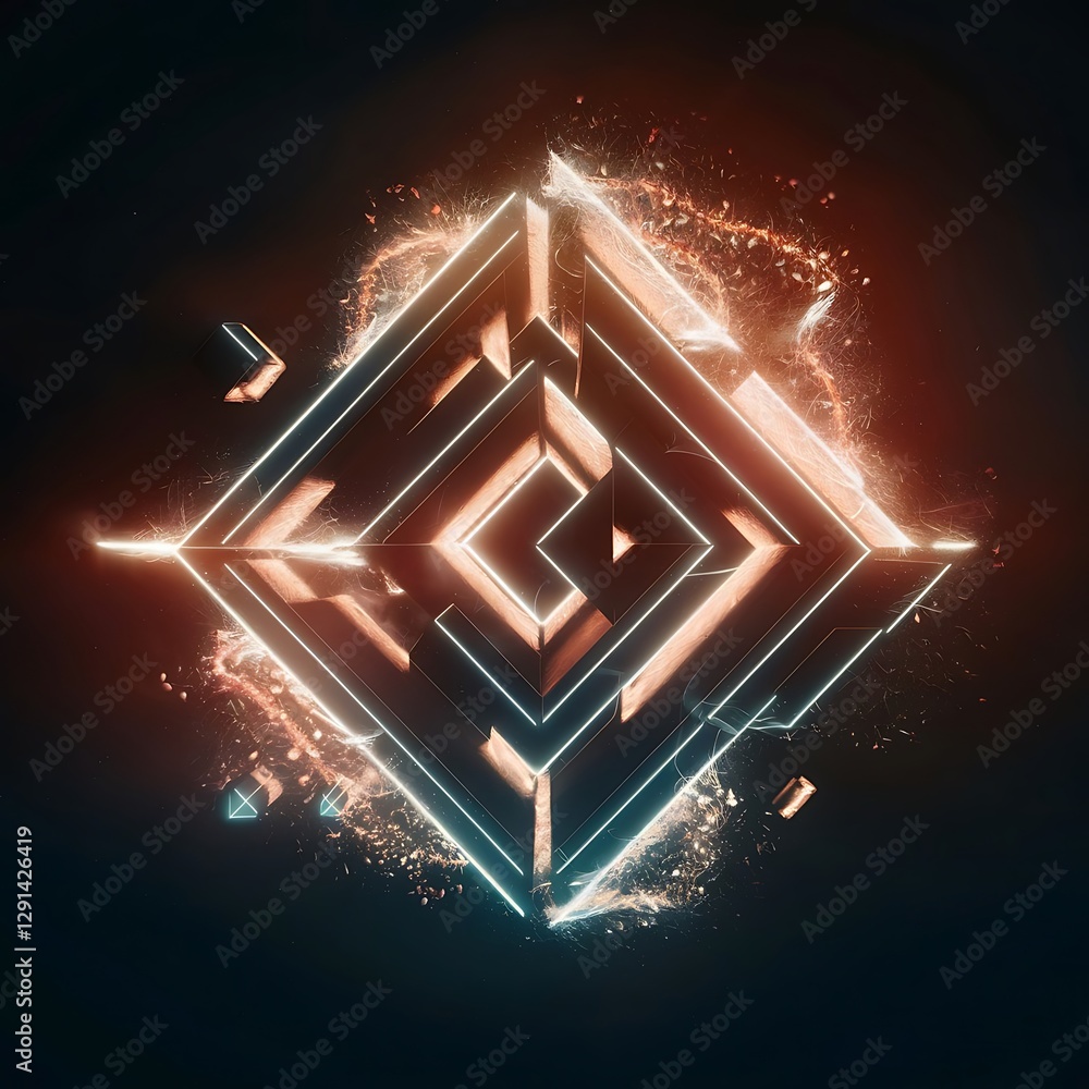 Poster 3d rendering of abstract geometric composition with glowing particles in empty space