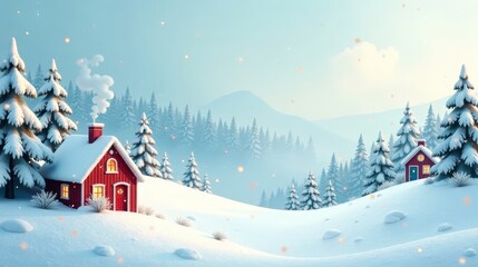 Naklejka premium Winter Wonderland Scene Cozy Red Cottages Nestled Amongst Snow-Covered Evergreen Trees on a Gently Rolling Hillside, Illuminated by a Soft, Golden Light