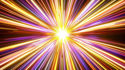 Obraz premium Bright explosion of colorful light rays radiating from central point, creating vibrant and dynamic visual effect. This evokes sense of energy and movement