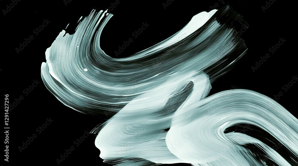 Poster abstract fluid movement with thin delicate ink brushstrokes on black background