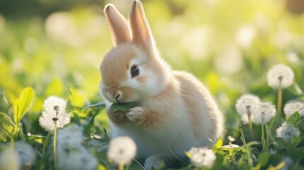 Fototapeta premium Adorable Bunny Munching on a Dandelion Leaf in a Sunny Meadow Full of Dandelions, Radiating Cuteness