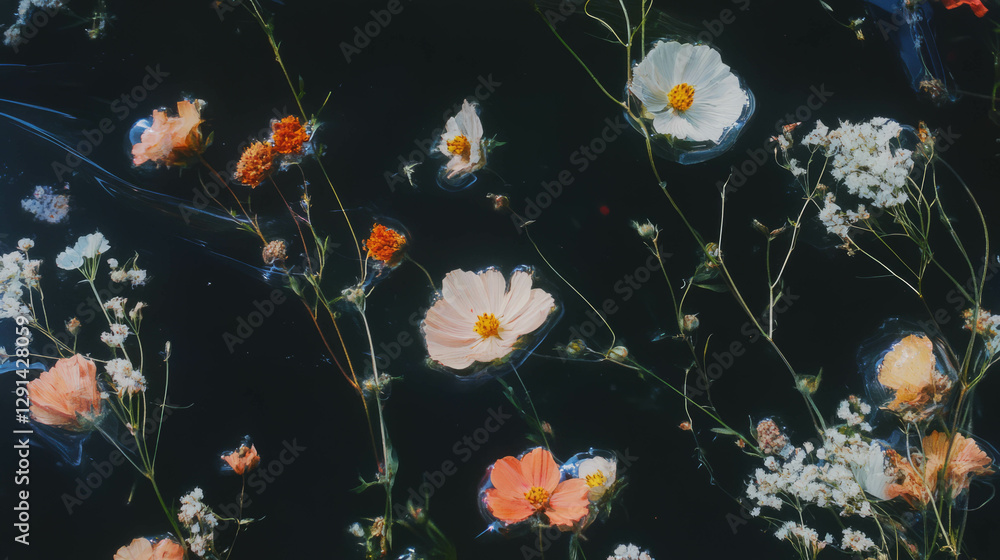 Poster delicate flowers embedded in transparent background design for creative projects