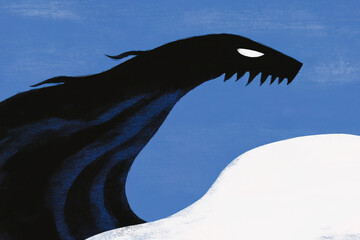 Dark creature looms over snowy landscape under a clear blue sky