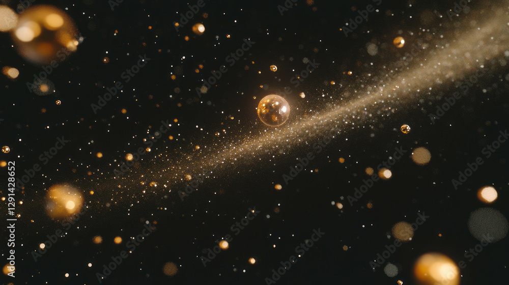Poster mystical cosmic scene with transparent spheres and dust particles in motion