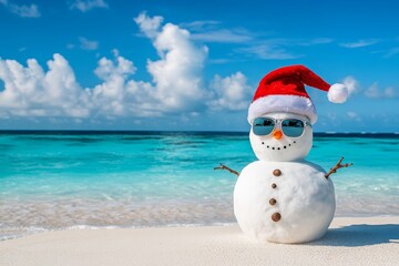 A playful snowman in sunglasses and red hat on a sunny maldives beach with crystal blue water