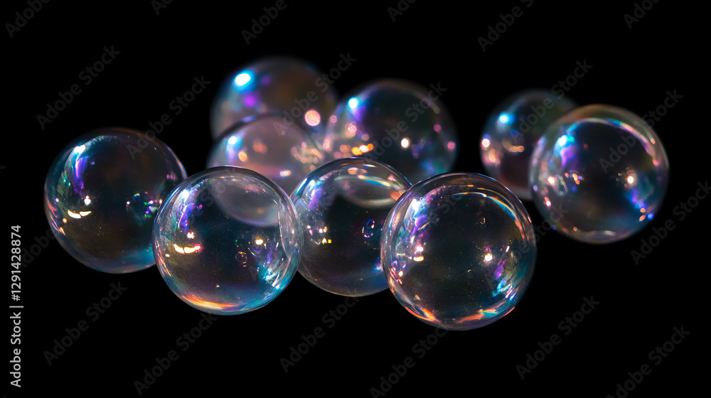 Poster Abstract display of transparent spheres with colorful reflections for modern design use