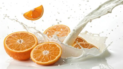 Fresh Oranges Splashing into Milk on White Background

