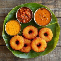 Crispy medu vada on banana leaf with chutneys visually appealing