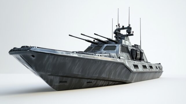 Grey Camouflaged Military Combat Boat on White Background