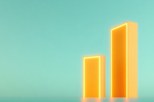 Bright orange bars rise against soft turquoise background, symbo