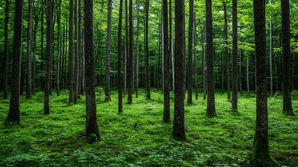 Fototapeta premium A Serene View Of A Beautiful Forest Of Green Trees