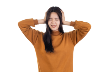 Young Asian beautiful woman hand touching head. she's feeling depressed stress headache be tired from working standing on isolated white background with clipping path. she has symptom office syndrome.