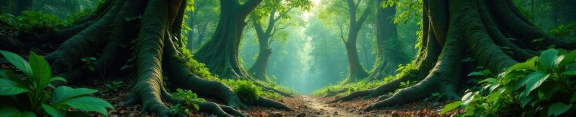 Fototapeta premium Dense jungle with vines crawling over ancient trees, undergrowth, tree roots, jungle