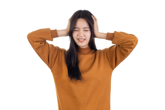 Young Asian beautiful woman hand touching head. she's feeling depressed stress headache be tired from working standing on isolated white background with clipping path. she has symptom office syndrome.