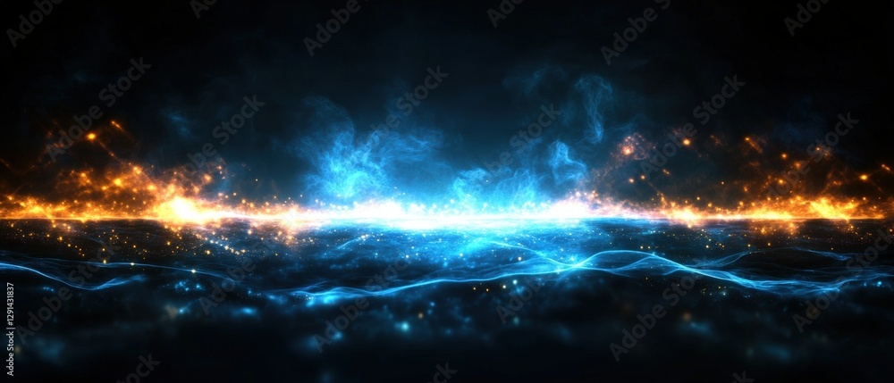 Poster bright blue and orange lights on a dark background creating an abstract artistic visual effect