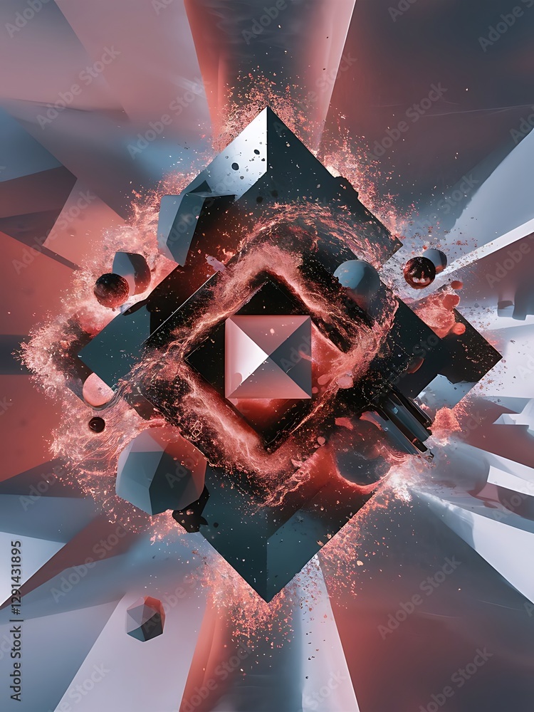 Poster 3d rendering of abstract geometric composition with glowing particles in empty space