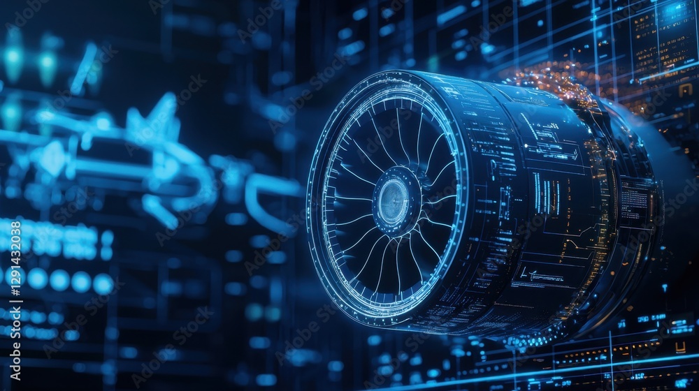 Poster high-tech jet engine with futuristic digital interface background
