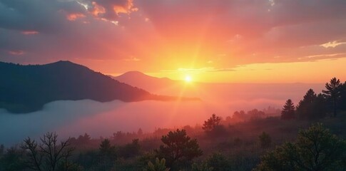 Obraz premium Warm rays of sunrise peeking through misty morning air, sunrise, calm, dawn