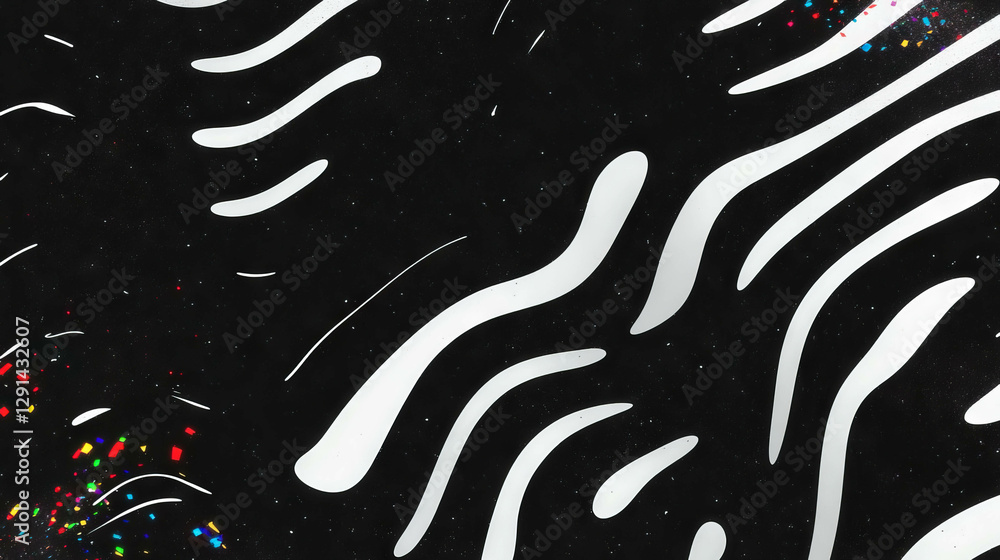 Poster abstract black and white wavy lines with colorful confetti patterns for festive design