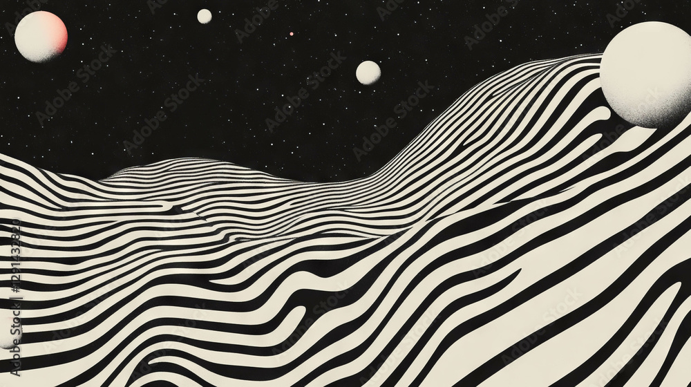 Poster abstract space inspired landscape with wavy lines and celestial spheres