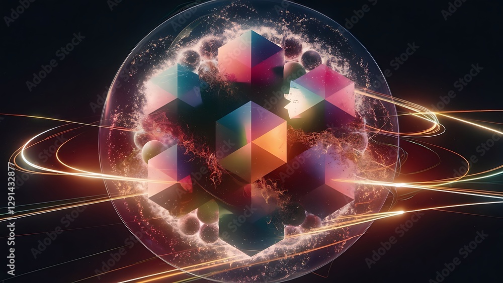 Poster 3d rendering of abstract geometric composition with glowing particles in empty space