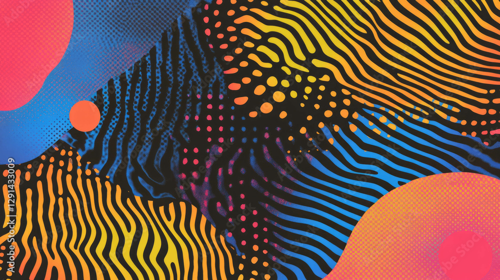 Poster vibrant abstract background with wavy lines and polka dots for modern design