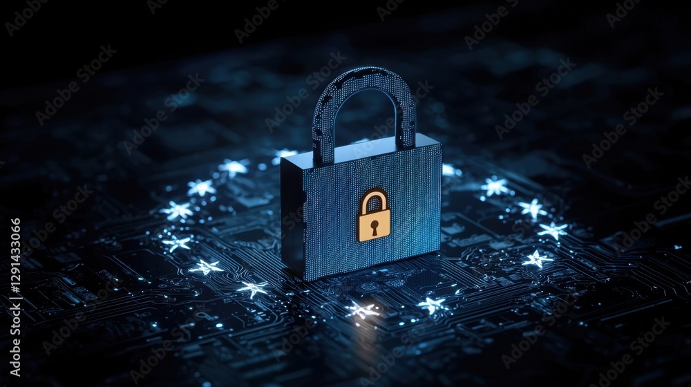Poster digital lock on circuit board background symbolizing cyber security