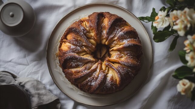 Apple Fritter Cake, overhead shot, natural bright window light 
