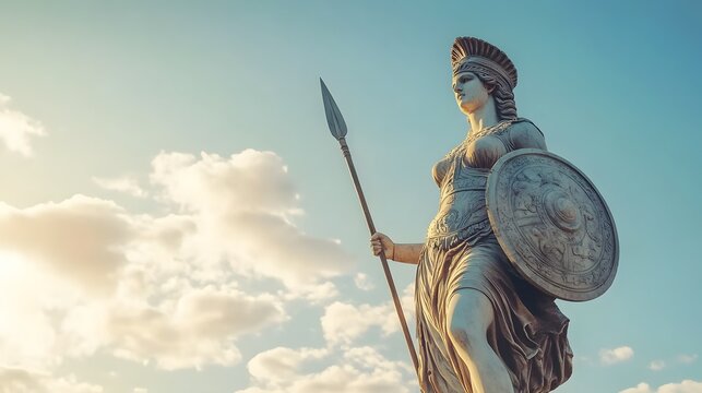 A towering statue of a warrior goddess with a shield and spear