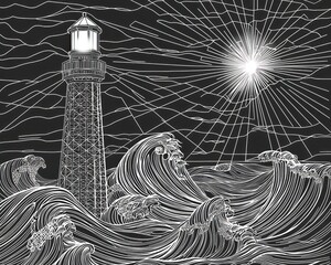 Fototapeta premium Abstract line art a lighthouse shining over stormy seas, with geometric patterns forming the waves and light