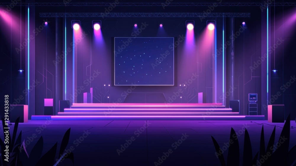 Poster futuristic stage design with colorful lights and empty screen space