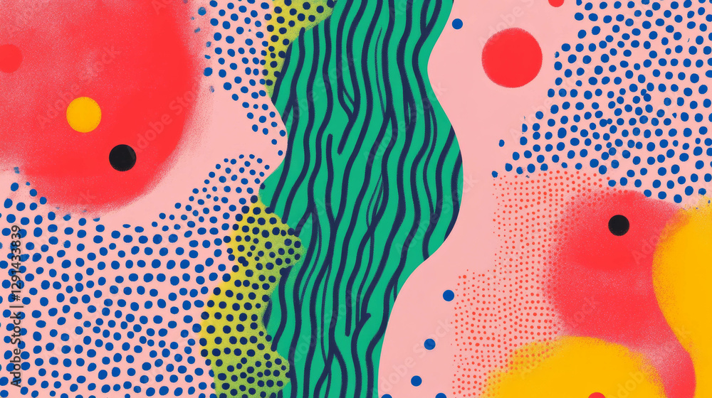 Poster abstract design with colorful wavy lines, squiggles, and dots for modern art prints