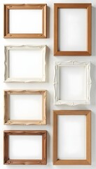  Assortment of wooden picture frames, isolated, clean white backdrop, isolated, gallery, photography