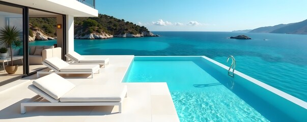 Fototapeta premium Azure pool water, plush white sofas basking in sunlight , sun, summer, bright