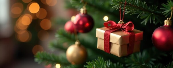 Gift boxes and ornaments hanging from a Christmas tree branch, Christmas tree, holiday decoration, festive garland