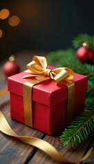Obraz premium Gift box with golden ribbon and sprigs of evergreen on a wooden table, decoration, ribbon