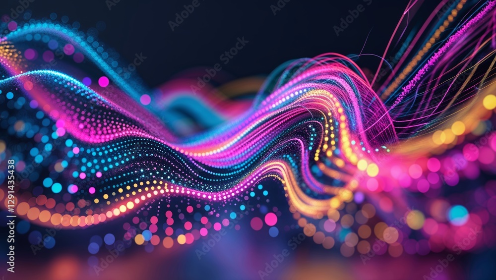 Poster colorful abstract wave pattern illustrating dynamic movement and energy in a digital landscape