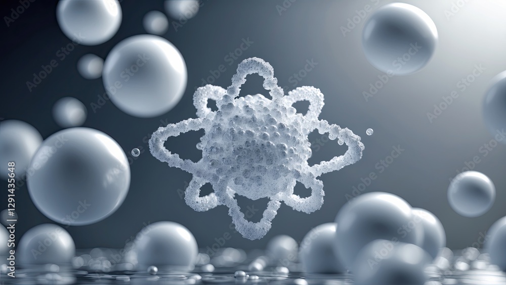 Poster abstract representation of atomic structure with white spheres floating in a dark environment, creat