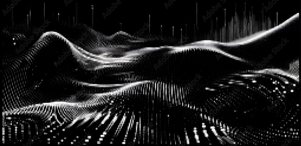 Fototapete vector illustration depicts a futuristic digital landscape, featuring glowing, pixelated waveforms o